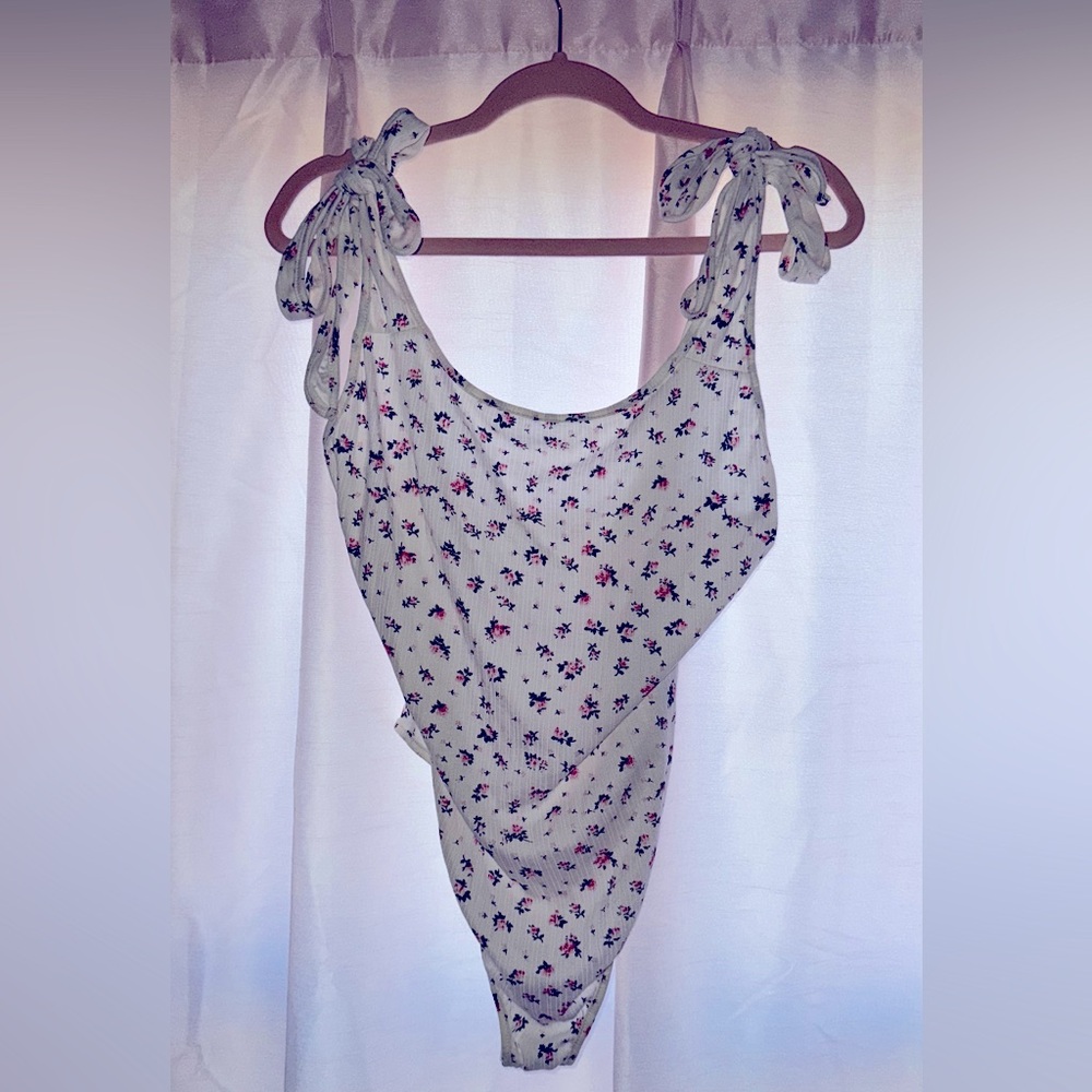 White Floral Bodysuit with Adjustable Tie Straps